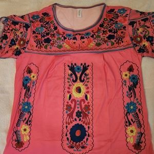New Pink Flowered Designed XXL Blouse Short Slited Sleeves